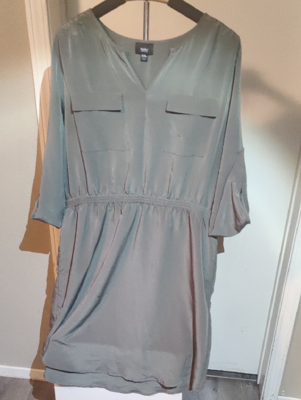 Mossimo Supply Co. Sage Green V-Neck Drawstring Waist Shirt Dress